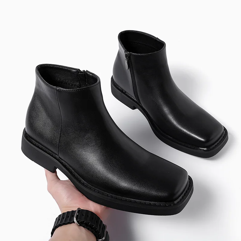 Men Formal Wear Shoes - สีดําใหม่แฟชั่นผู้ชายรองเท้าหนังลําลองรองเท้าฤดูใบไม้ร่วงฤดูหนาวรองเท้าข้อเท้า Vintage อังกฤษธุรกิจสแควร์ Toe รองเท้าเชลซี
