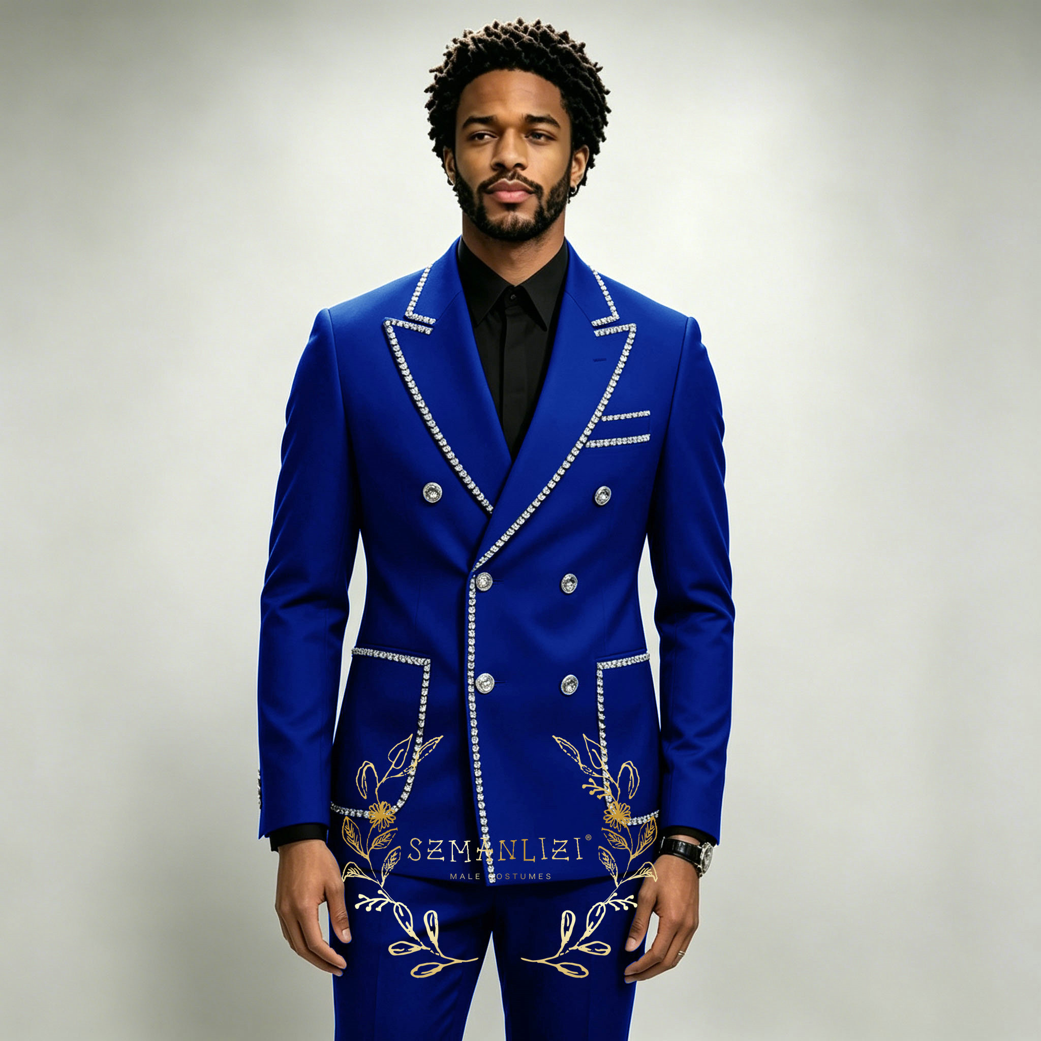 Men Formal Wear For Wedding - ชุดสูทผู้ชายสุดหรู 2 ชิ้น สีน้ำเงินรอยัล ประดับคริสตัล ปกแหลม