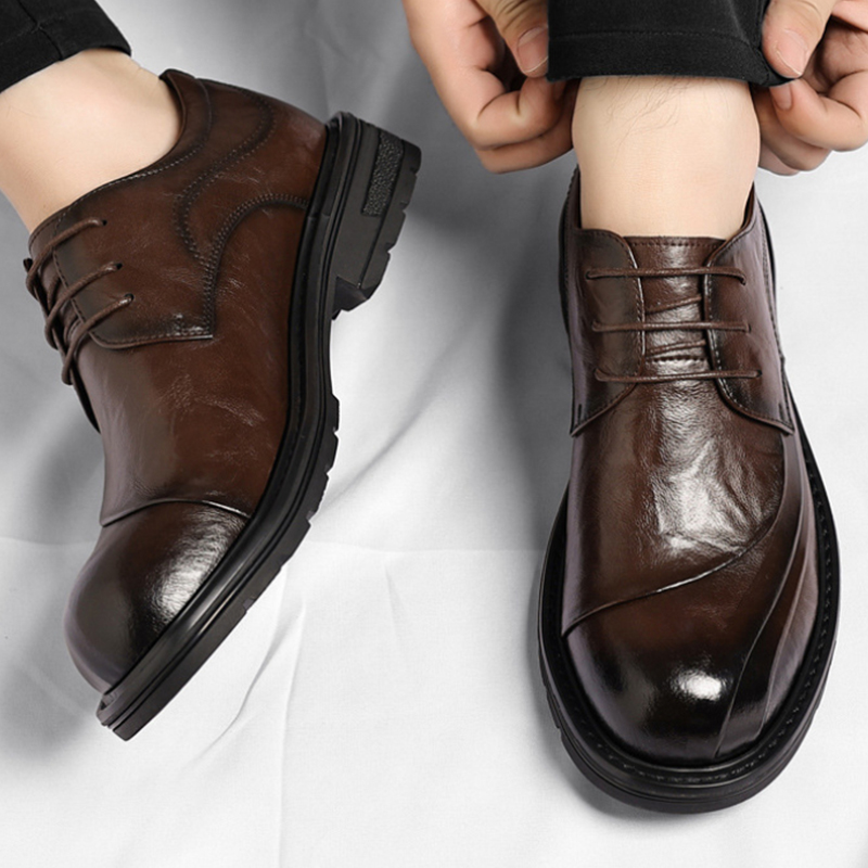 Men Formal Wear For Wedding - รองเท้าหนังแท้สีน้ำตาลขัดเงา แบบผูกเชือก พื้นหนา สำหรับงานทางการ ธุรกิจ สำนักงาน