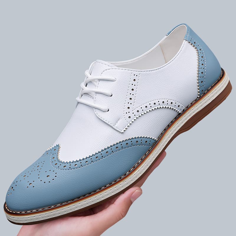 Men Formal Wear Shoes - รองเท้าออกซ์ฟอร์ดแบบผูกเชือกสีขาว-น้ำเงินสำหรับผู้ชาย รองเท้าลำลองแบบมีปีก ระบายอากาศได้ดี น้ำหนักเบา ไซส์ใหญ่: 38-48