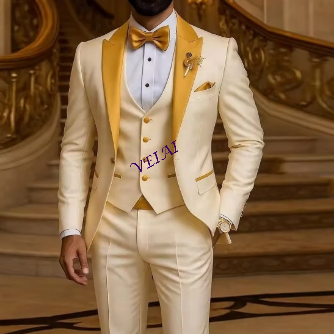 Men Formal Wear Pinterest - ชุดสูทผู้ชายสีงาช้างแบบสั่งตัดพิเศษ คอสีทอง สำหรับงานแต่งงาน งานเลี้ยง งานพิธีการ ชุดเจ้าบ่าว