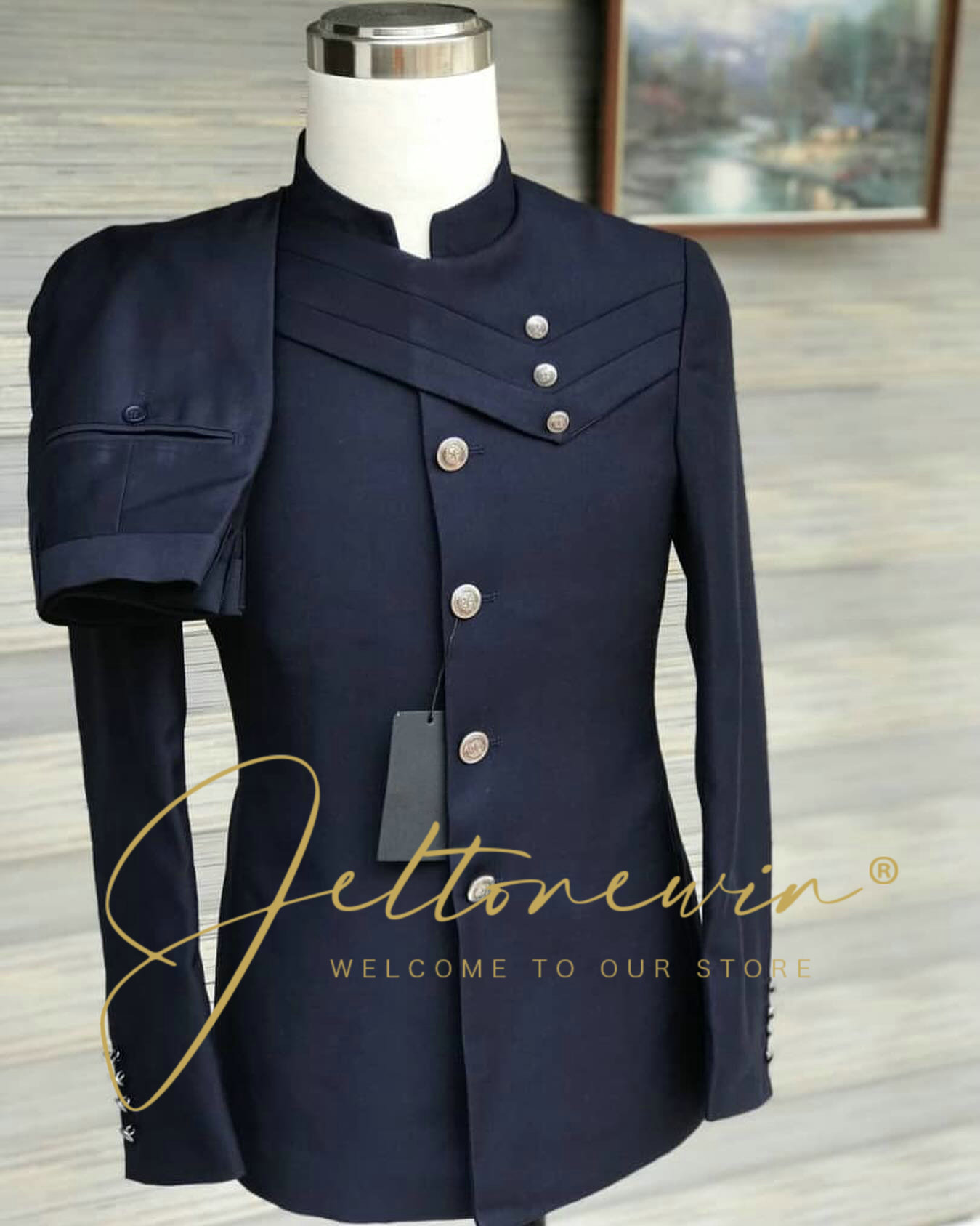 Men Formal Wear For Wedding - ชุดสูทสีน้ำเงินกรมท่าสำหรับผู้ชาย สไตล์ทหาร ปกตั้ง ดีไซน์กระดุมไขว้ ทรงเข้ารูป สำหรับงานแต่งงาน