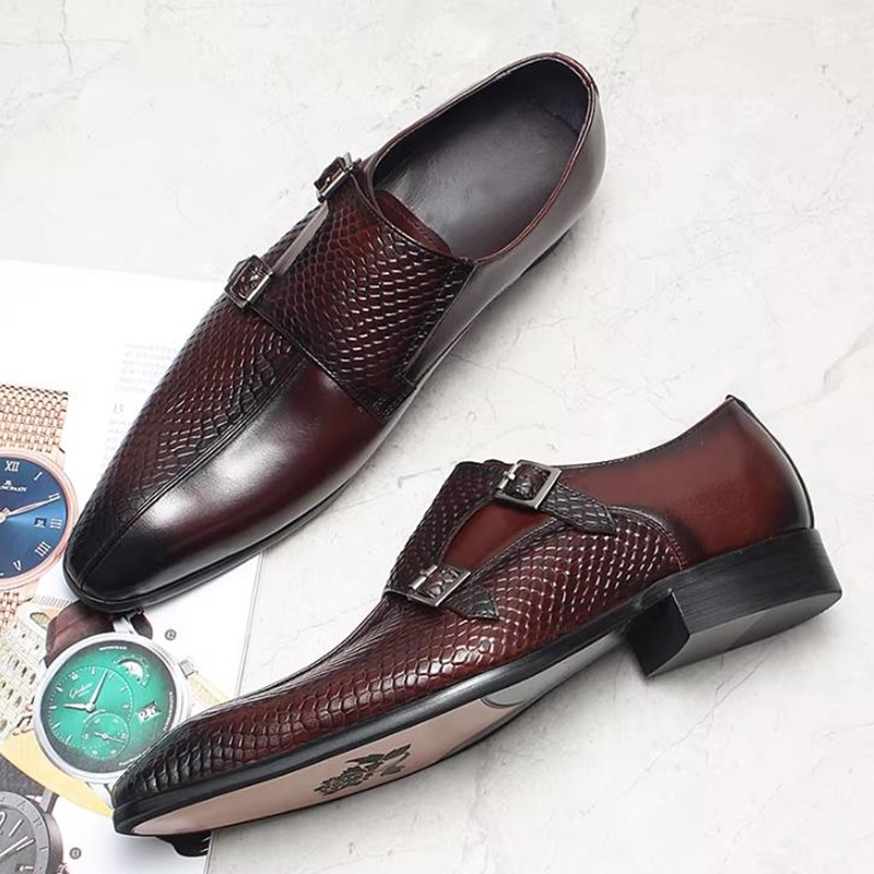Scale - Men Formals & Ethnic Wear - รองเท้าหนังแท้ลายเกล็ดปลาแบบอังกฤษ หัวเข็มขัดคู่ รองเท้าลำลองผู้ชาย รองเท้าสไตล์ Monk สำหรับผู้ชาย