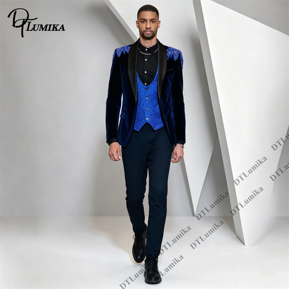 Men Formal Wear For Wedding - ชุดสูทผู้ชาย Peagent 3 ชิ้น ผ้ากำมะหยี่ สีดำ