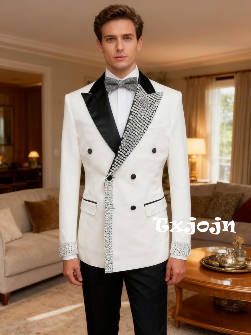 Men'S Formal Wear For Engagement - ชุดสูทผู้ชายทรงเข้ารูปประดับลูกปัดหรูหรา 2 ชิ้น ชุดงานหมั้น ชุดงานเลี้ยง ปกแหลมแบบกระดุมสองแถว